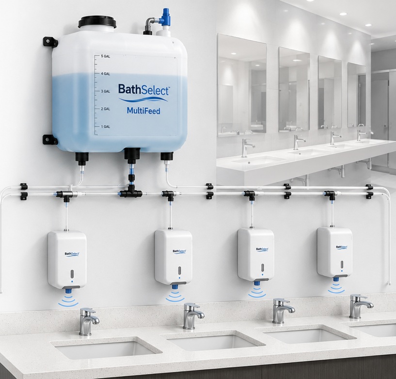 BathSelect MultiFeed centralized soap dispensing system supplying multiple automatic dispensers